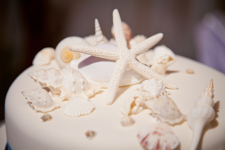 Gateau De Mariage Sur Le Theme De La Plage Avec Des Etoiles De Mer Et Des Coquillages Banque D Images Et Photos Libres De Droits Image