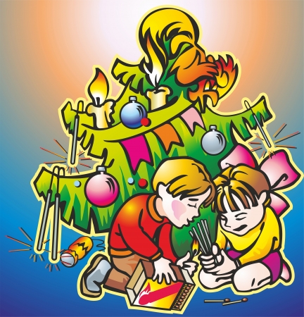 子供男の子女の子心配ツリー炎コックの下で一致する花火で火を設定の