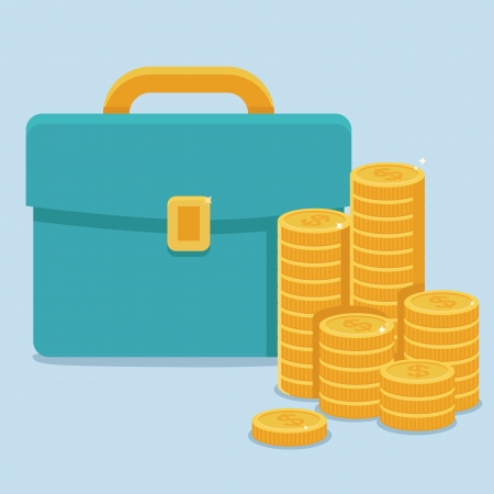 Bag of gold coins: Vector business and finance concept in flat style - coins and portfolio Hình minh hoạ
