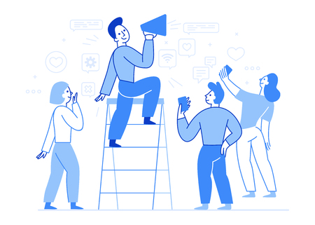 Vector illustration in flat simple style with characters - influencer marketing concept - bloggers using mobile phones and social media to promote services and goods for followers online - testimonial advertising and opinion leaders