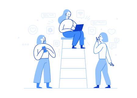 Vector illustration in flat simple style with characters - influencer marketing concept - bloggers using mobile phones and social media to promote services and goods for followers online - testimonial advertising and opinion leaders