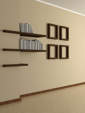 modern home interior with beige wall four paintings and book