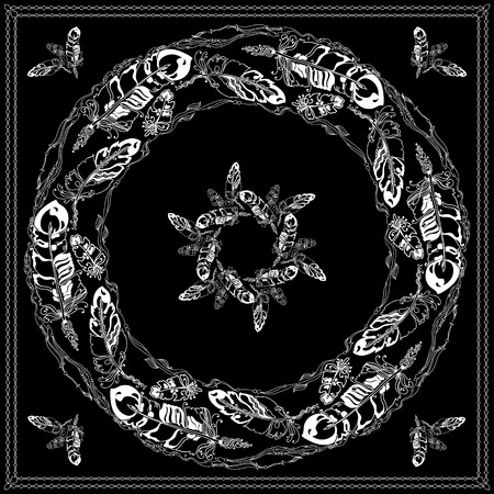 黒と白のバンダナ正方形のパターン設計は 布に印刷します ハンカチや首のスカーフ スタイル 凸凹のある鳥 花 葉 花民族抽象的な装飾的な要素とマンダラ ベクトル イラスト のイラスト素材 ベクタ Image