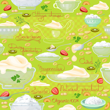 ヨーグルトと果物のシームレスなパターン ベクトルの背景 食べ物のイメージ 手描き下ろしイラスト壁紙 テキスタイル ファブリックまたは包装紙 のイラスト素材 ベクタ Image