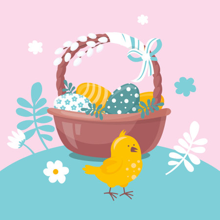 Fête de pâques. panier avec des œufs colorés et du poulet. image vectorielle.