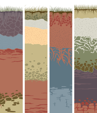 Set vector vertical banners with cut of soil (profile) with a grass, roots,layers of the earth, clay and stones (Vector illustration). Иллюстрация