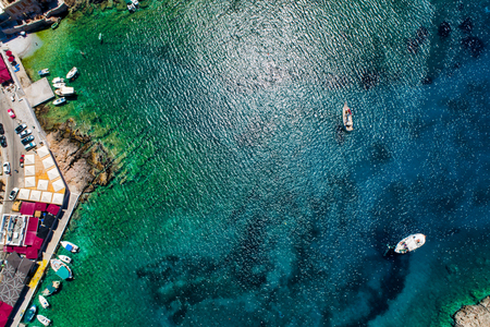 Aerial view of gerolimenas in laconia, is one of the most picturesque settlements of mani with a small natural harbor. peloponnese, greece Stock Photo