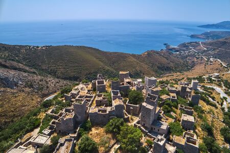 Aerial view the vathia the impressive traditional village of mani with the characteristic tower houses. lakonia peloponnese Stock Photo