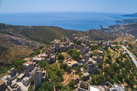 Aerial view the vathia the impressive traditional village of mani with the characteristic tower houses. lakonia peloponnese