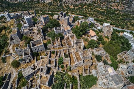 Aerial view the vathia the impressive traditional village of mani with the characteristic tower houses. lakonia peloponnese Stock Photo