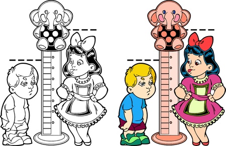 Figure shows cartoon boy and girl, measuring growth. the picture shows the development of children. illustration done in the style of coloring book. black and white, as well as color version and on separate layers.