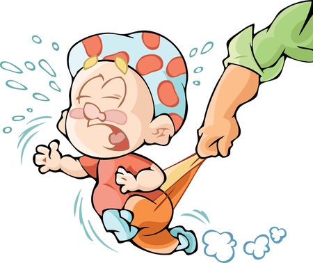 図は逃げる泣いているといたずらな子供および父の手彼は白い背景の上の図のズボンのための赤ちゃんを保持 のイラスト素材 ベクタ Image