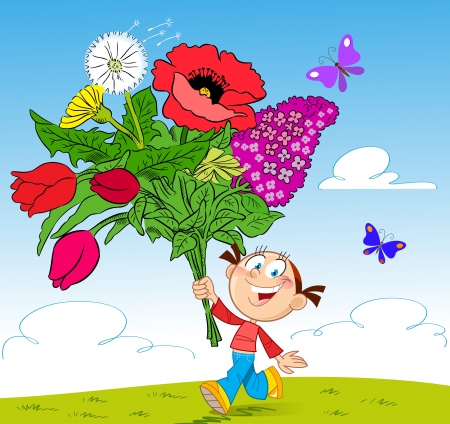 図に示すイラスト漫画スタイルで行わの花の花束を持つ草を走る彼女は陽気な女の子 のイラスト素材 ベクタ Image 図に示すイラスト漫画スタイルで行わの花の花束を持つ草を走る彼女は陽気な女の子 のイラスト素材 ベクタ Image