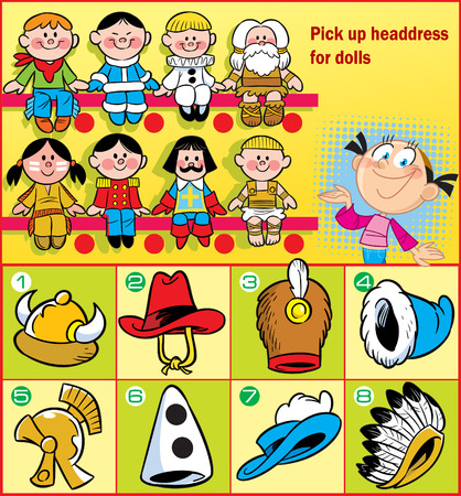 In the vector illustration puzzle, where the girl needs to pick up a headdress for various dolls Stock Photo