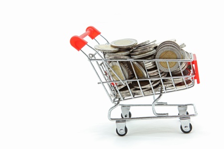 Bag of gold coins: isolated shopping cart with full wealth coins inside on white background