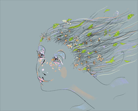 彼女の髪の植物で春の女の子のイラスト 季節の概念を変更します のイラスト素材 ベクタ Image