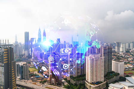 Research And Development Hologram Over Panorama City View Of Stock Photo Picture And Royalty Free Image Image 155163949
