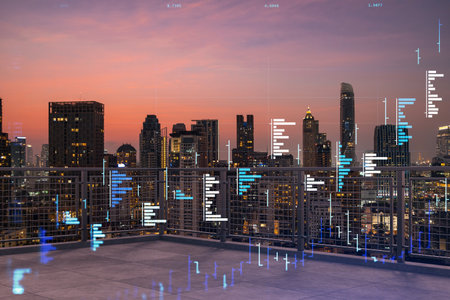 Rooftop with concrete terrace, bangkok sunset skyline. forecasting and business modeling of financial markets hologram digital charts. city downtown. double exposure. Rooftop with concrete terrace, bangkok sunset skyline. forecasting and business modeling of financial markets hologram digital charts. city downtown. double exposure.