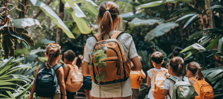 Teacher and students exploring rich forest environment on educational school excursion