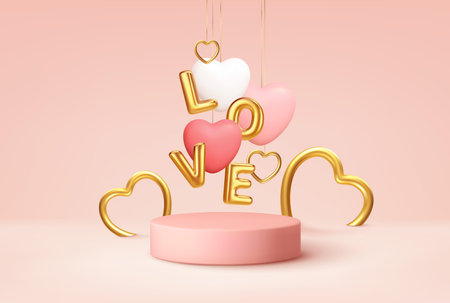 Empty pink product podium scene with pink and white heart shape balloons and gold word love balloons. design concept for happy valentines day. vector illustration