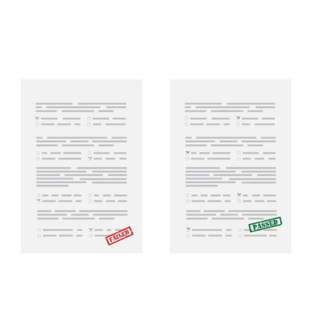 raster illustration two test exam papers with red rubber stamp