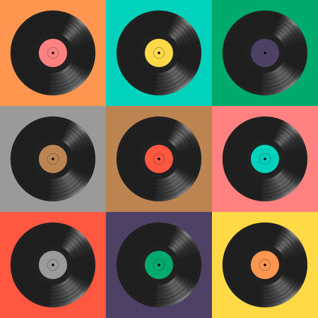Disques vinyles. fond coloré. modèle sans couture. Banque d'images