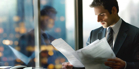 Man in suit and tie reading white document city lights shine through window behind him adding urban touch