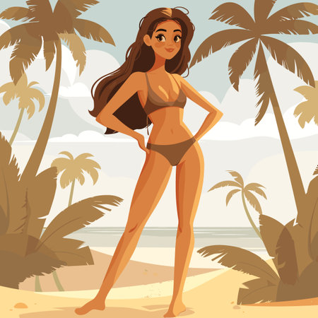 ビーチのビキニを着た美しい女性 漫画スタイルのベクトル イラストの