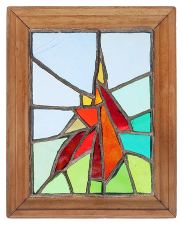 simple abstract handmade stained glass window in a wooden frame