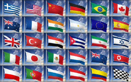 collection of random flags on blue sky background stock photo