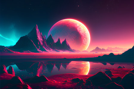 Fantasy krajobraz z planetą i księżycem. ilustracja wektorowa 3d.