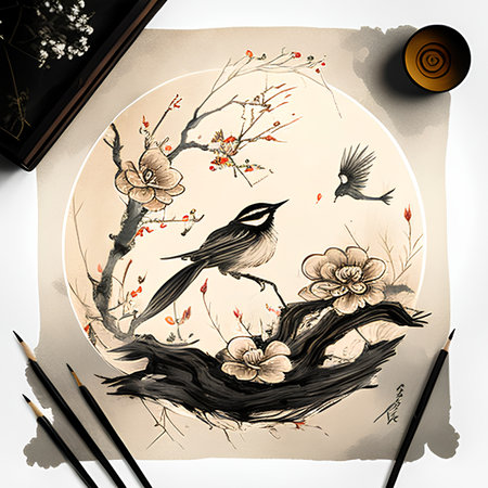 木和風オリジナル墨絵水墨画に鳥をけん引。注目の象形文字を意味