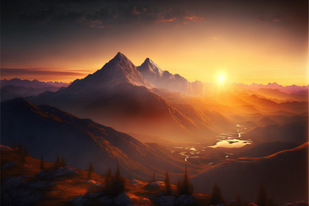 Fantasy krajobraz z górami i jeziorem o zachodzie słońca. renderowania 3d