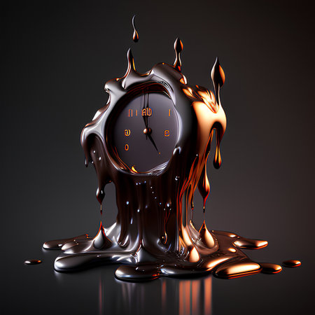 3d rendering of a melting clock with a drop of chocolate. Stock Photo