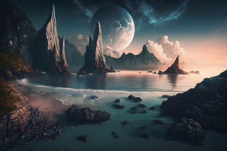 Fantazja obcej planety. góry i morze. ilustracja 3d. Zdjęcie Seryjne