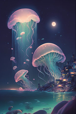 夜の海のクラゲ。3Dイラスト。 無料画像＆写真 198375219