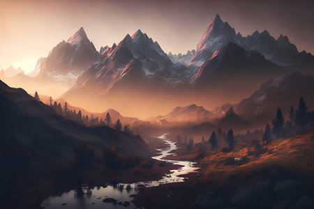 Fantasy krajobraz z rzeką i górami. ilustracja renderowania 3d.