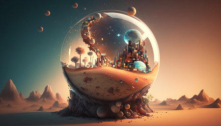 Fantasy krajobraz z planetą i miastem w szklanej kuli. renderowania 3d