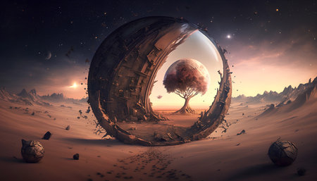 Fantasy krajobraz z planetą i drzewem. ilustracja renderowania 3d.