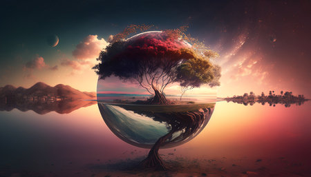 Fantasy krajobraz z planetą i drzewem. elementy tego obrazu dostarczone przez nasa Zdjęcie Seryjne