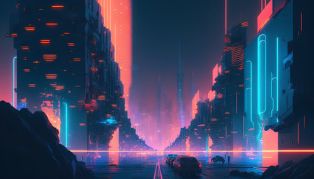 未来都市。抽象的な描画未来 Scifi ファンタジー都市景観と丘アート