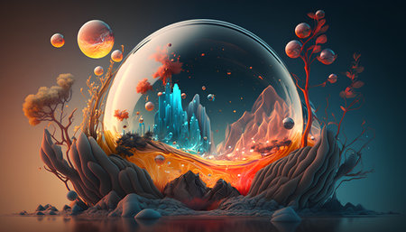 3d ilustracja fantasy krajobraz z planetą, drzewami i kwiatami. Zdjęcie Seryjne