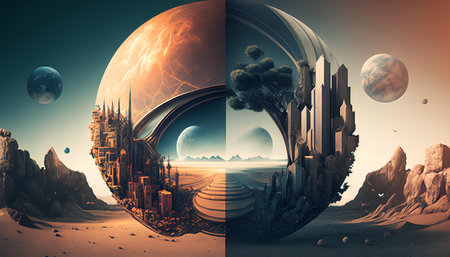 Fantasy krajobraz z planetą i budynkami. ilustracja 3d. elementy tego obrazu dostarczone przez nasa Zdjęcie Seryjne