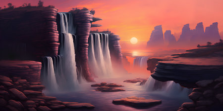 Krajobraz fantasy z wodospadem. renderowania 3d. malowanie cyfrowe. Zdjęcie Seryjne