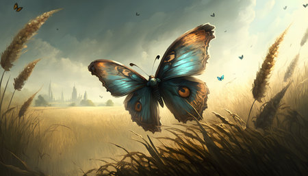 Motyl w polu pszenicy. ilustracja 3d. malowanie cyfrowe.