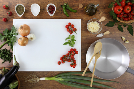 Food Top View Kitchen Wooden Worktop With White Cutting Board Tomatoes Vegetables And Food Top View Kitchen Wooden Worktop With White Cutting Board Tomatoes Vegetables And