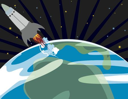cartoon drawing of a spaceship lifting off from the earth no
