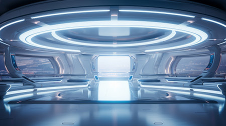 地球を眺めながら宇宙ステーションの近未来的な内部、宇宙船の