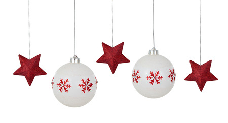 stock photo white christmas balls with painted red patterns hanging in a row isolated on white background - White Christmas Balls stock photo white christmas balls with painted red patterns hanging in a row isolated on white background - White Christmas Balls