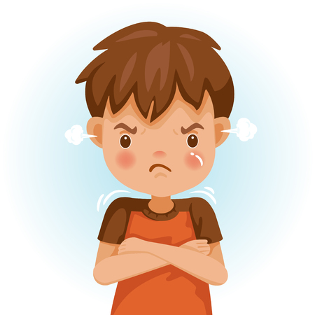 Angry child. the boy in a red shirt is expressing anger. excitement and frown. cartoon characters, vector illustrations, isolated on white background.